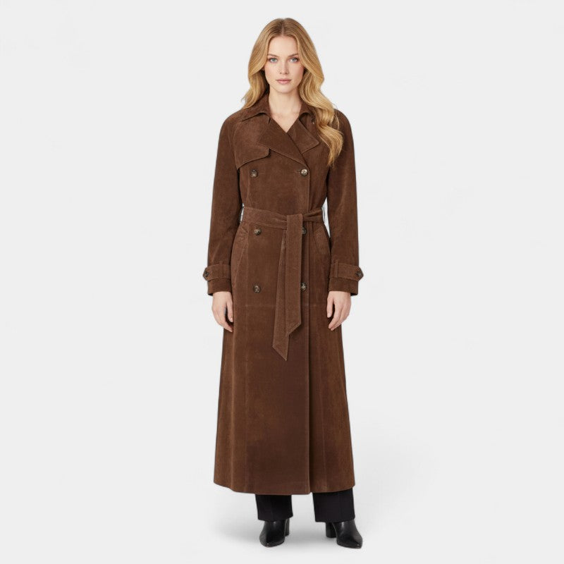 Women’s Trench Coat – Long Length, Button Front, Belted Waist