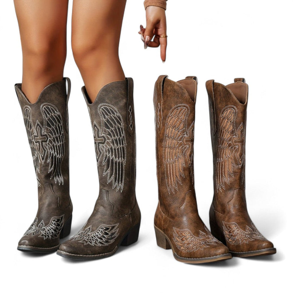Women’s Western Cowboy Boots – Embroidered Angel Wing Design, Slip On Style, Pointed Toe, Mid Block Heel