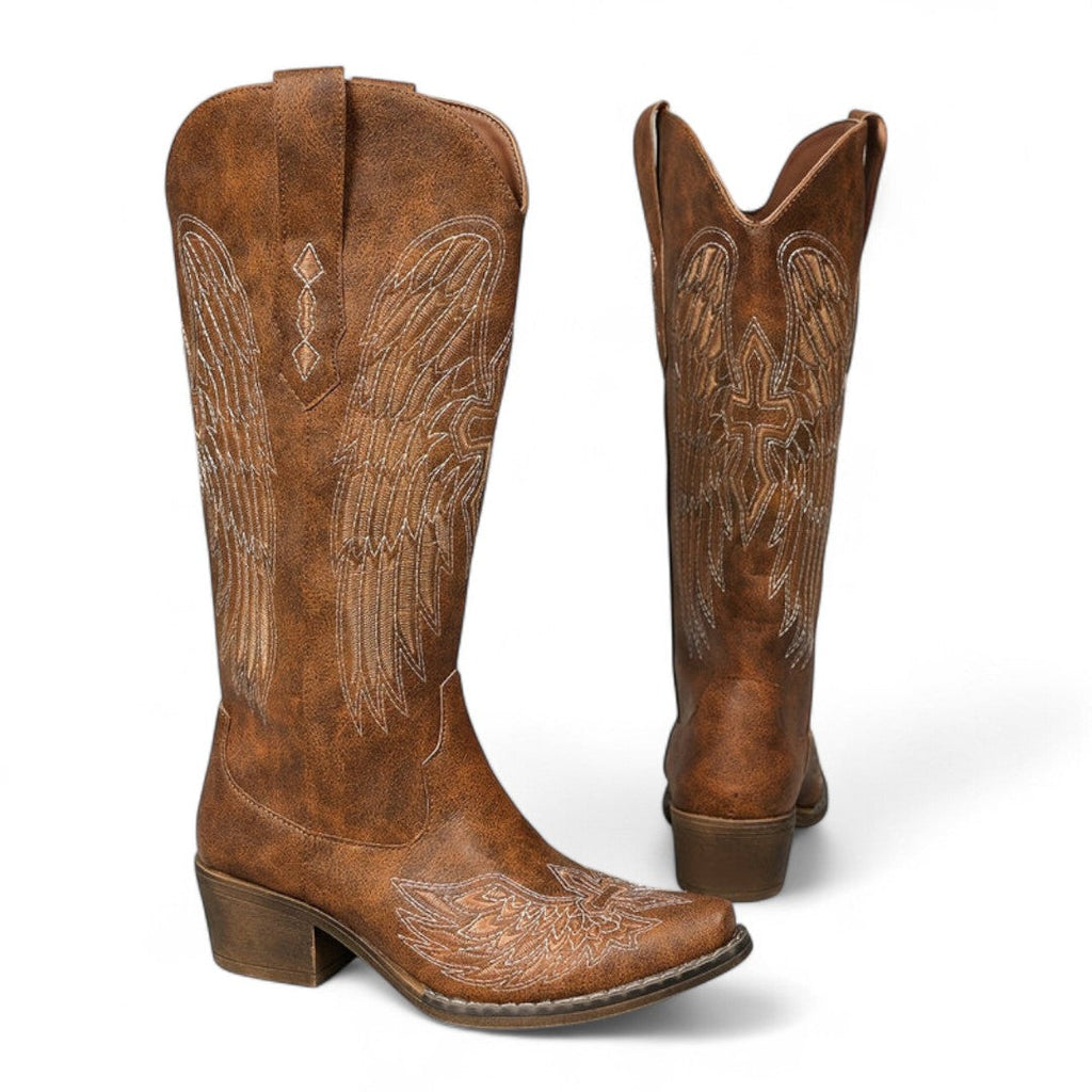 Women’s Western Cowboy Boots – Embroidered Angel Wing Design, Slip On Style, Pointed Toe, Mid Block Heel