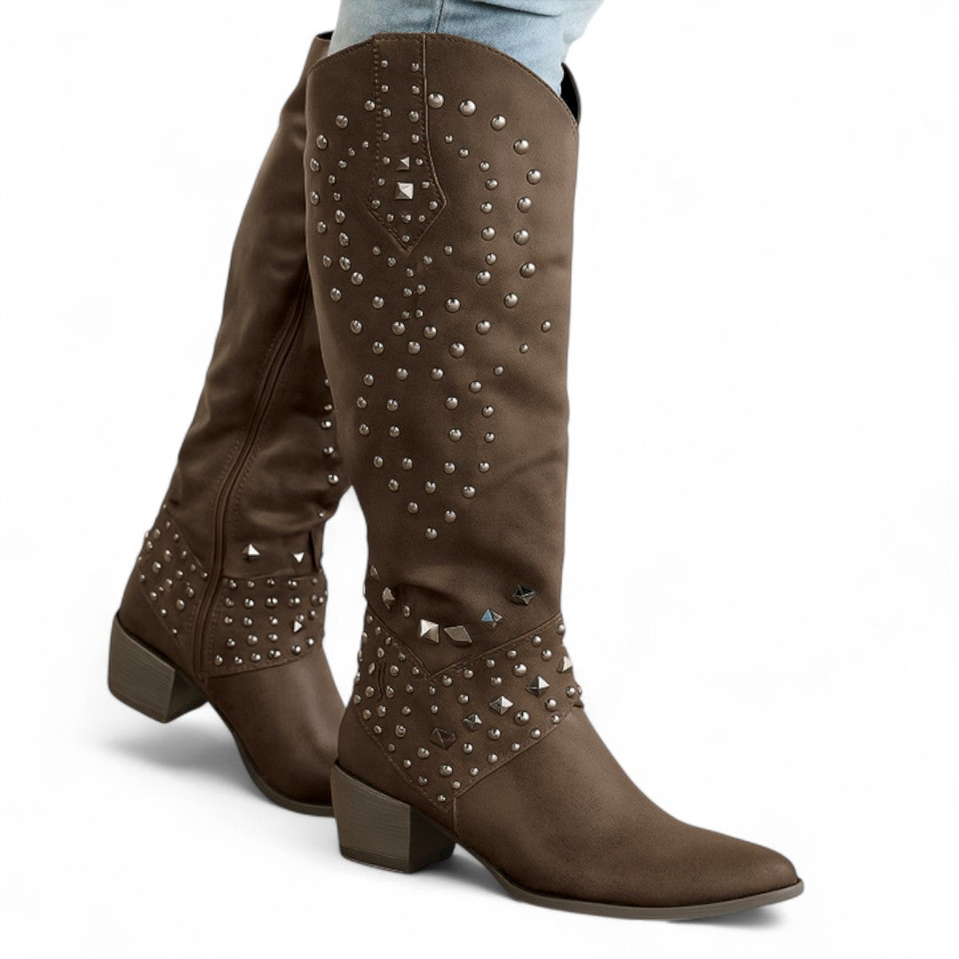 Women’s Western Knee High Boots – Studded Detail, Pointed Toe, Side Zip, Block Heel